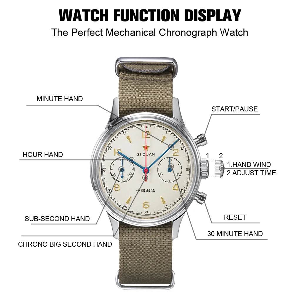 RED STAR Men's 1963 Chronograph Mechanical Watch Seagull Movement ST1901 Air Force Aviation - Arabia Watches