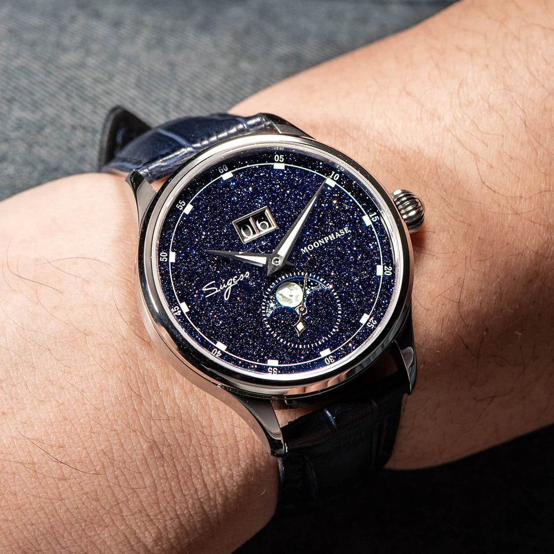 Sugess Origin ST2528 Movement Mechanical Wristwatch Men Watch Luxury Real Blue Stone Dial Stainless Steel Case Moonphase Clock - Arabia Watches