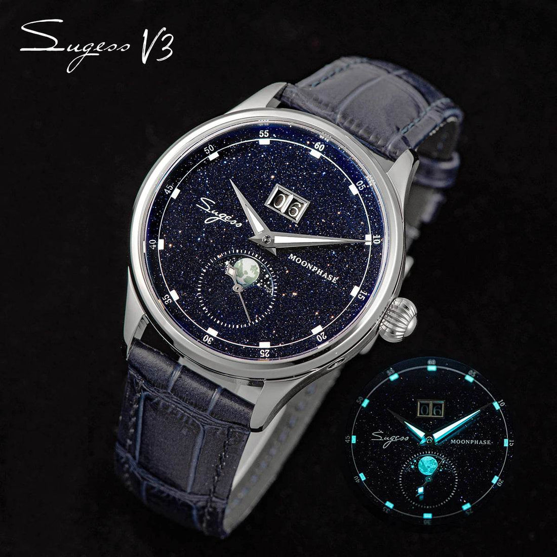 Sugess Origin ST2528 Movement Mechanical Wristwatch Men Watch Luxury Real Blue Stone Dial Stainless Steel Case Moonphase Clock - Arabia Watches