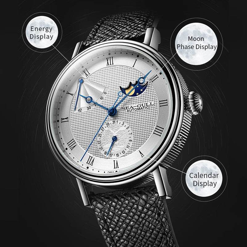 Seagull Men's Wristwatch Moon Phase Leather Automatic Mechannical Men's Watches - Arabia Watches