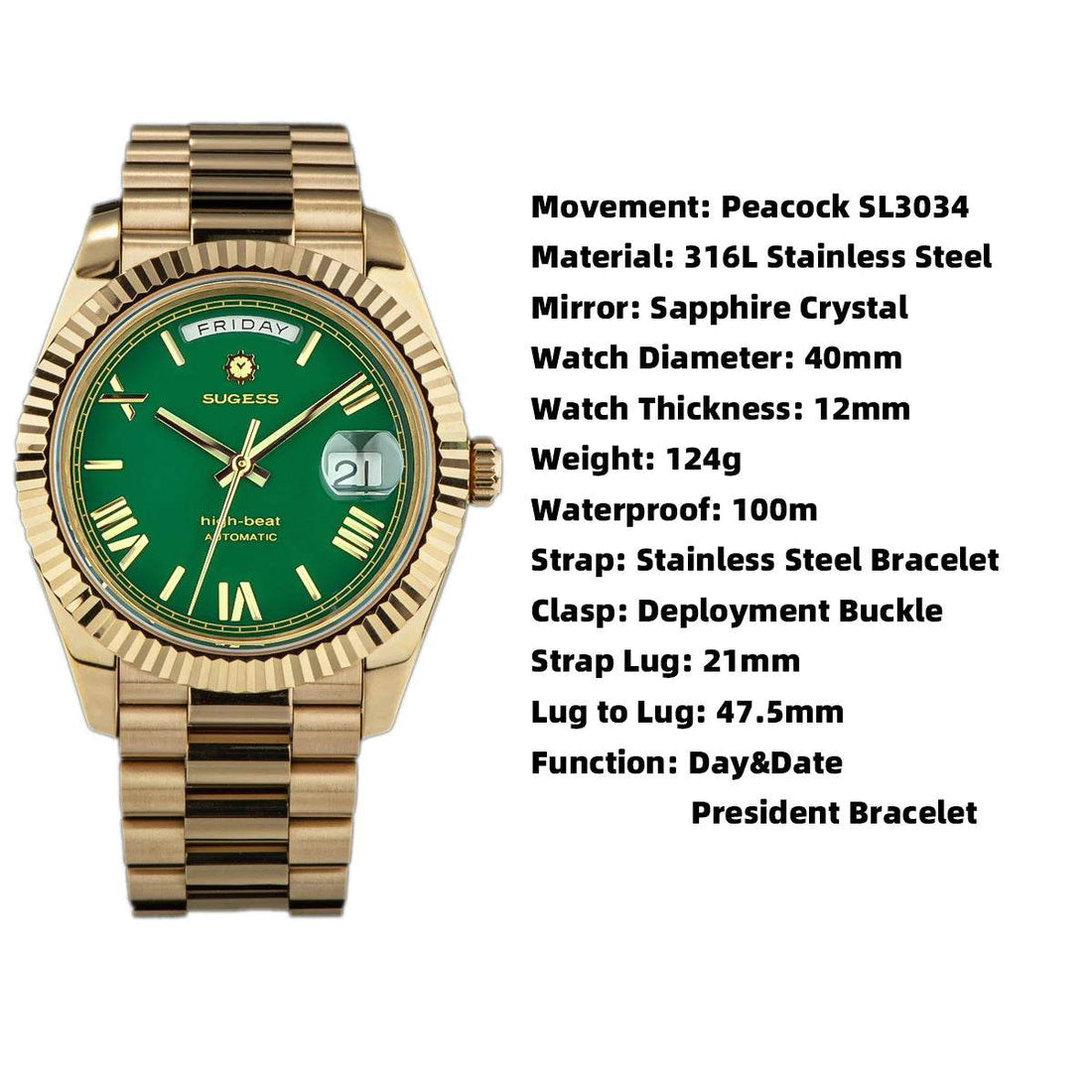 2023 New Sugess Watch of Men 40mm Day Date Automatic Dandong SL3034 Movement - Arabia Watches