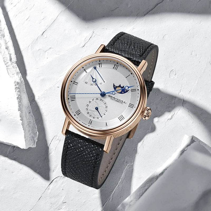 Seagull Men's Wristwatch Moon Phase Leather Automatic Mechannical Men's Watches - Arabia Watches