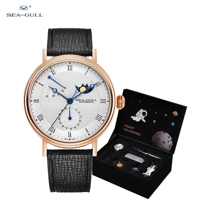 Seagull Men's Wristwatch Moon Phase Leather Automatic Mechannical Men's Watches - Arabia Watches