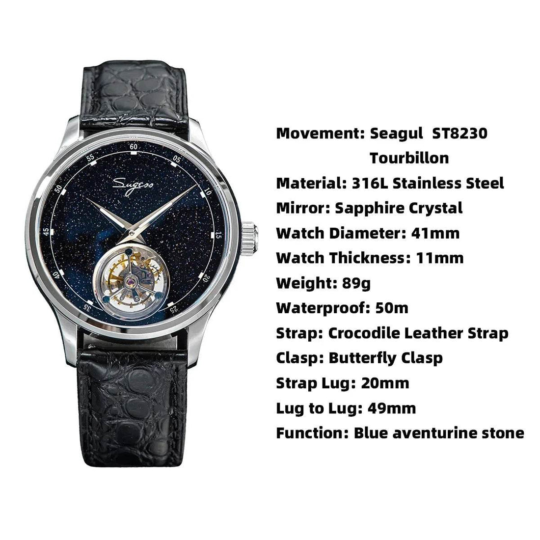 2023 Sugess Tourbillon Mens Watch Tianjin ST8230 Movement Blue Aventurine Stone - Arabia Watches