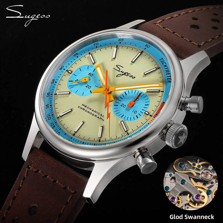 Sugess 1963 Pilot Mens Watch Chronograph Mechanical Wristwatches Original ST1901 Swanneck Movement - Arabia Watches