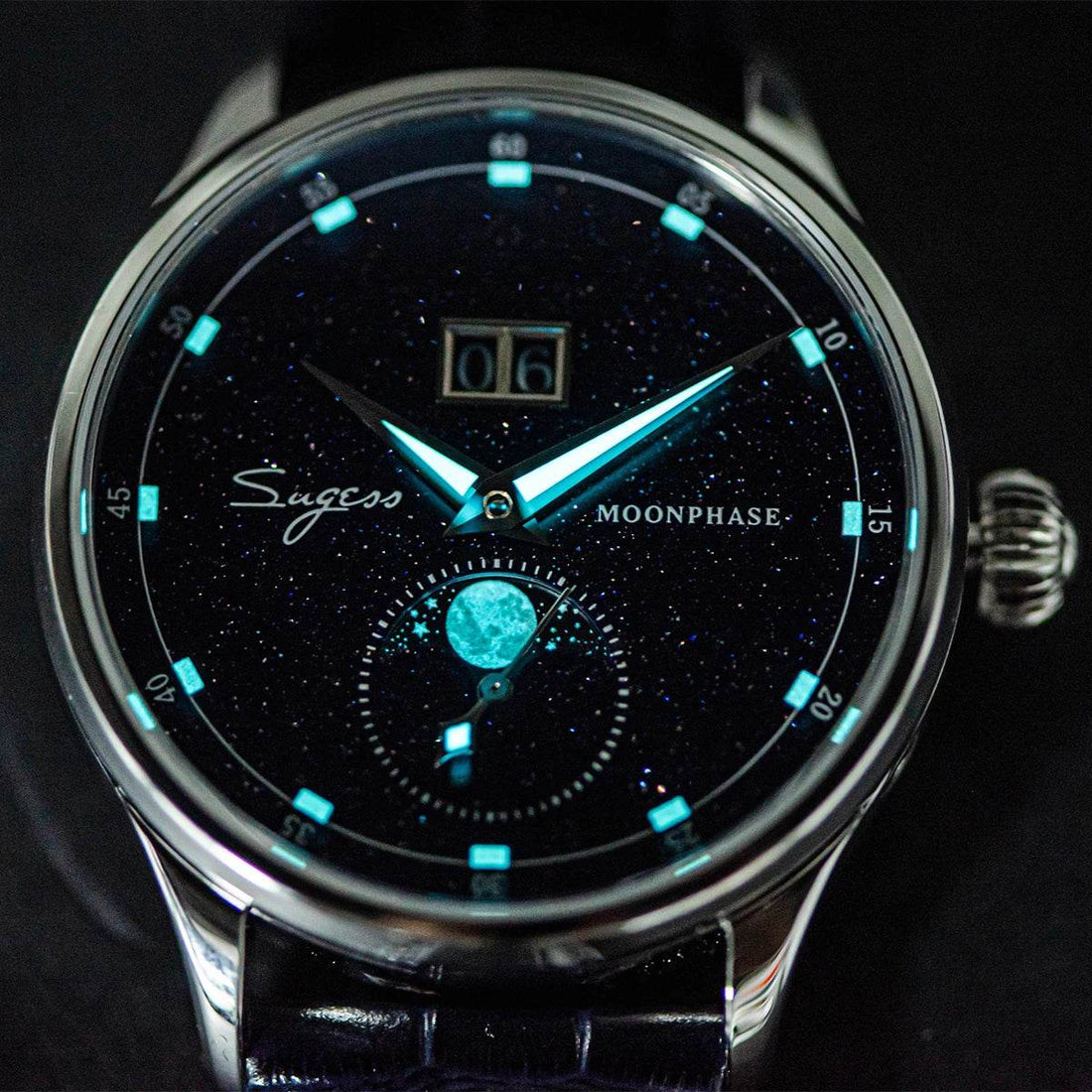Sugess Origin ST2528 Movement Mechanical Wristwatch Men Watch Luxury Real Blue Stone Dial Stainless Steel Case Moonphase Clock - Arabia Watches