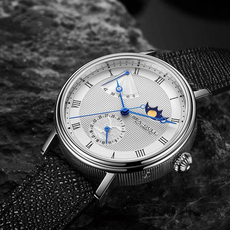 Seagull Men's Wristwatch Moon Phase Leather Automatic Mechannical Men's Watches - Arabia Watches