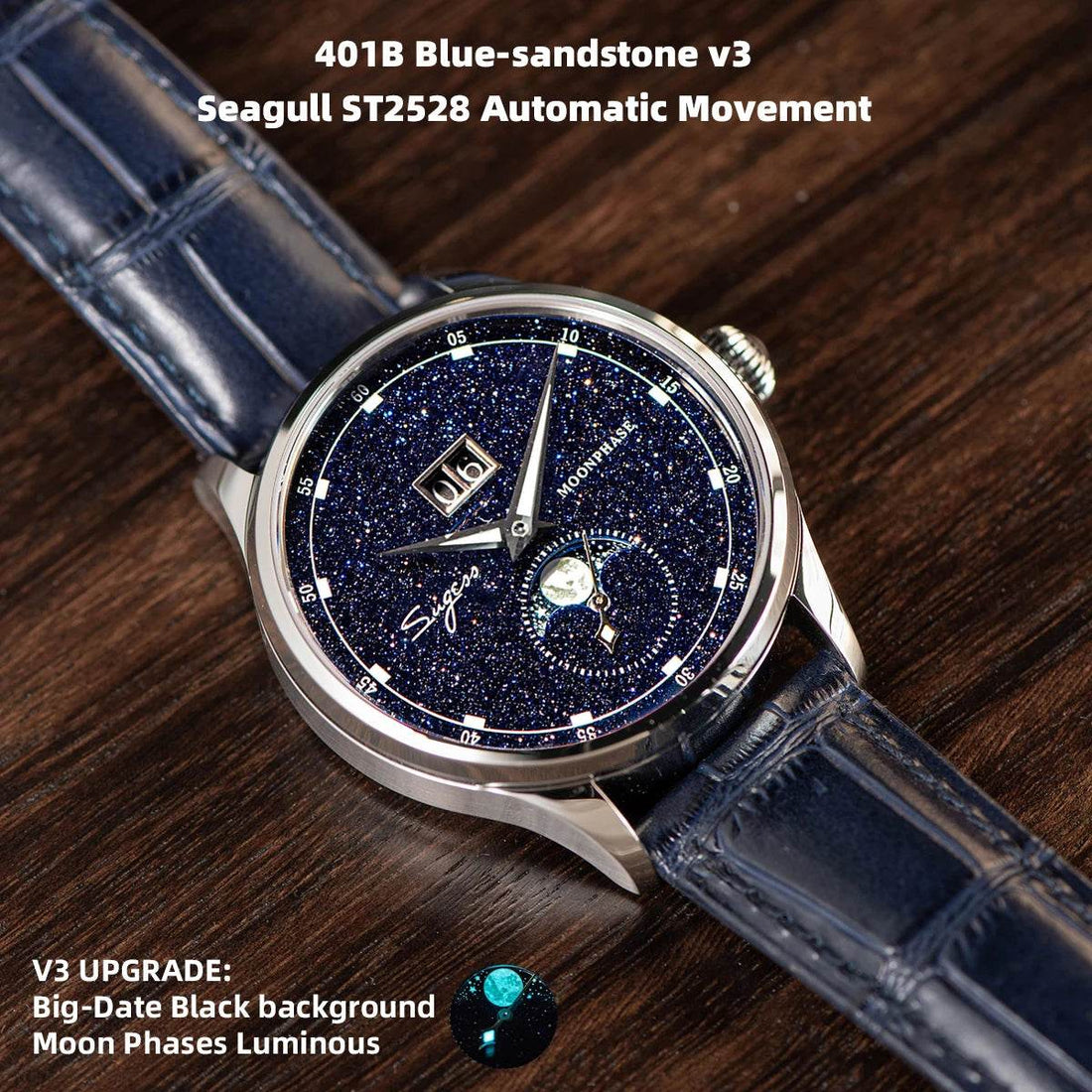 Sugess Origin ST2528 Movement Mechanical Wristwatch Men Watch Luxury Real Blue Stone Dial Stainless Steel Case Moonphase Clock - Arabia Watches