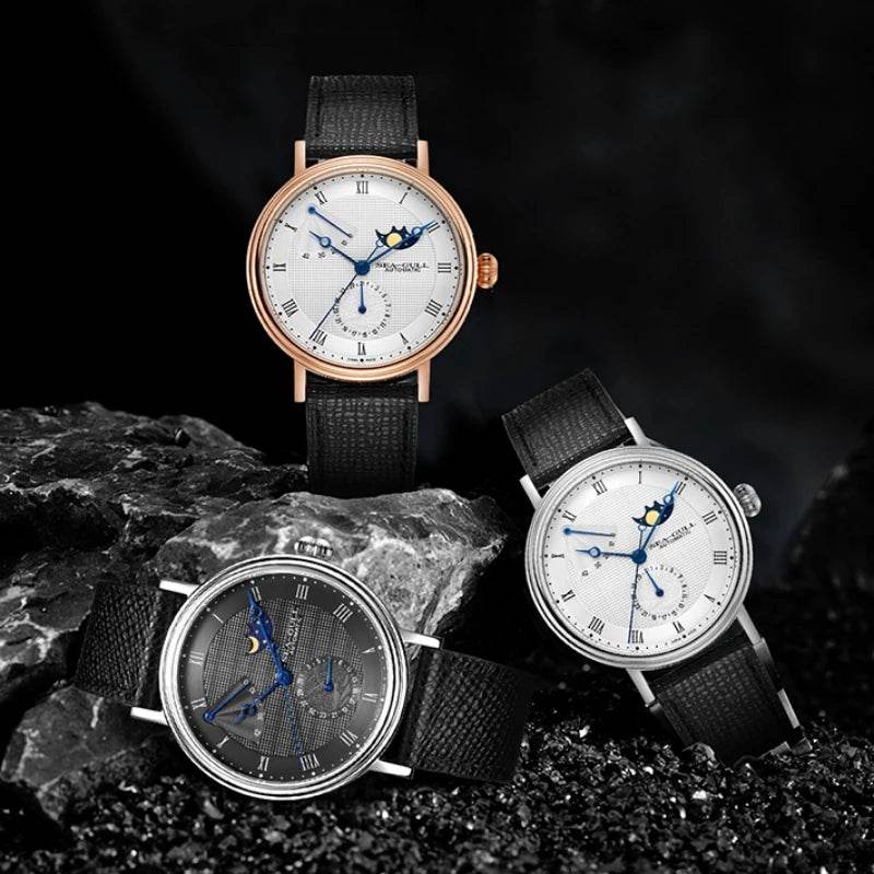 Seagull Men's Wristwatch Moon Phase Leather Automatic Mechannical Men's Watches - Arabia Watches